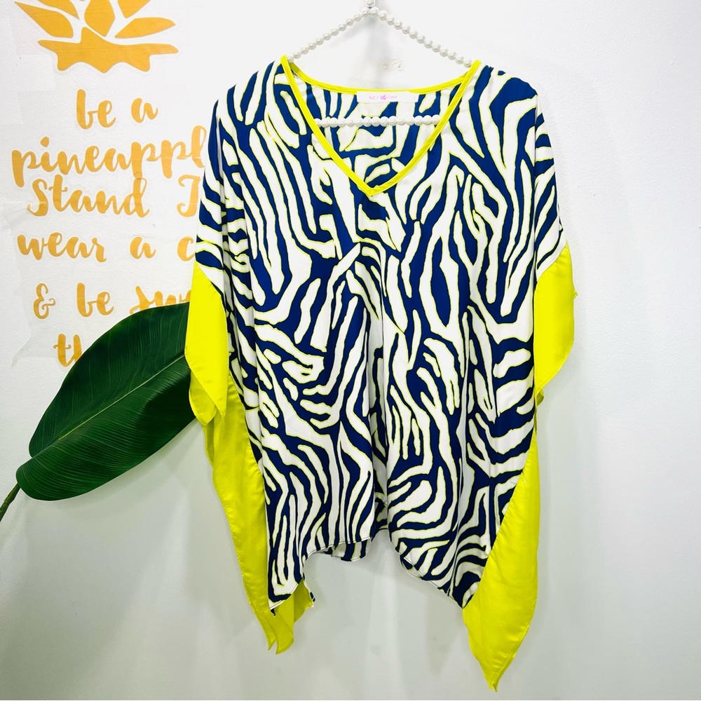 ALICE & TRIXIE Silk Neon Yellow Blue Short Sleeve Tunic Blouse Top Size … - Picture 2 of 11
